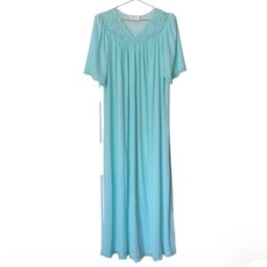 Vintage Shadowline Long Night Gown Seafoam Nylon Lace Floral Sz L